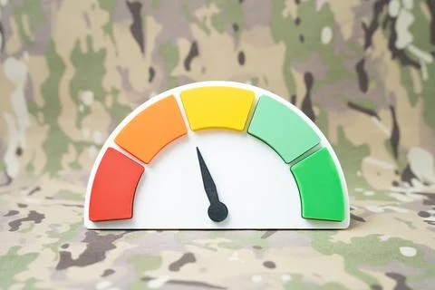 Efficiency scale against a military backdrop. Defense and security effectiv.. Stock Photos