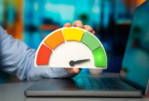 Efficiency scale in hand over a computer. Business efficiency and technolog.. Stockfoto's