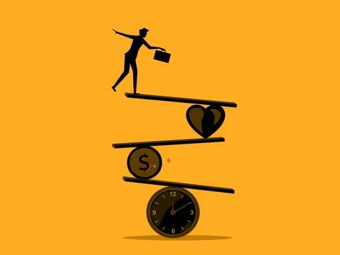 Efficiency in using time. Businessman balancing work on clock, heart and coin Stock Illustration
