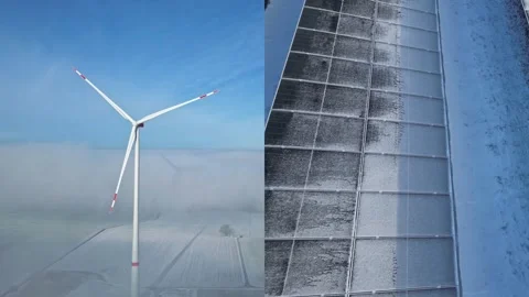 Efficiency of wind turbines and solar panels in winter. The difference in Stock Footage 327167523
