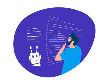 Efficient AI code generation with AI-powered coding chatbot. Man reviews AI Stock Illustration