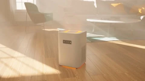 Efficient air purifier device cleaning the smoggy air in a modern interior. 4KHD Stock Footage 201227980