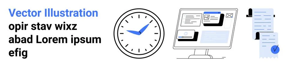 Efficient Business Management Tools Clock, Computer Screen, Documents Stock Illustration