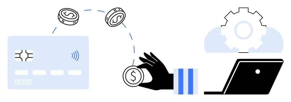 Efficient Digital Transactions and Online Payments Hand, Coins, Credit Card.. Stock Illustration