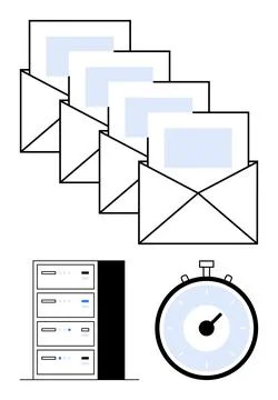 Efficient Email System with Server, Multiple Envelopes, and Stopwatch for T.. Stock Illustration