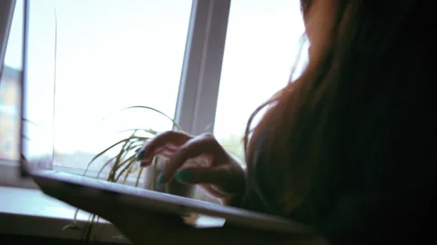 Efficient Laptop Work: Woman Engaged in Productivity by the Window, Focused and Stock Footage 248919944