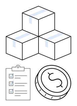 Efficient Logistics and Cost Management with Stacked Boxes, Checklist, and .. Stock Illustration