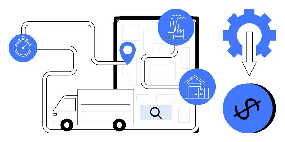 Efficient Logistics and Supply Chain Management with GPS, Factory, Warehous.. Stockillustratie