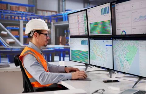 Efficient Logistics Coordinator Operating Desktop In A Bustling Distribution  Stock Photos