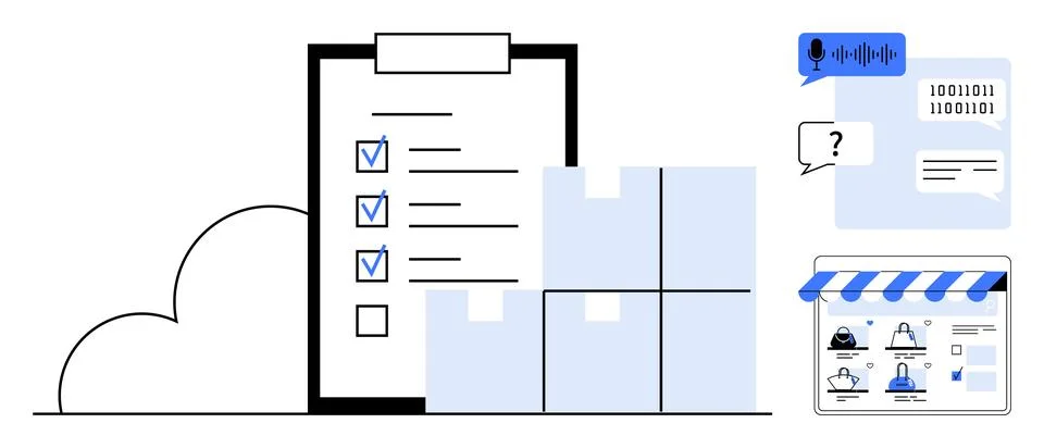 Efficient logistics management with checklists, shipping boxes, online stor.. イラスト素材