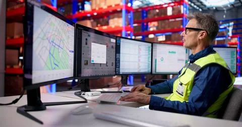 Efficient Logistics Manager Overseeing Warehouse Operations With Multiple Scr Stock Photos