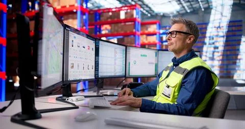 Efficient Logistics Manager's Screens Track Warehouse Inventory For Delivery  Stock Photos