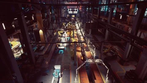 Efficient machine building conveyor in a bustling factory setting イラスト素材