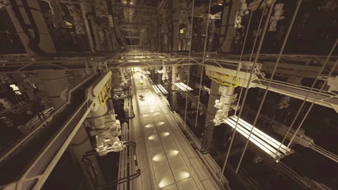 Efficient machinery syncs parts movement in vibrant corridor Stock Footage 342926056