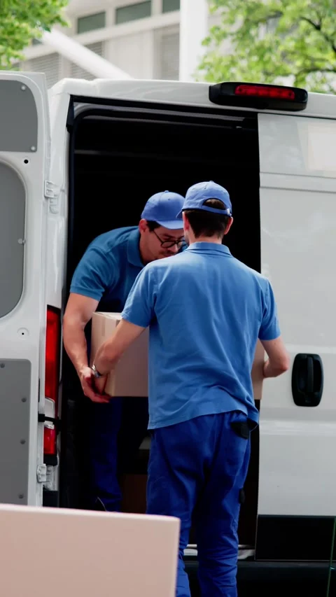 Efficient Movers Carefully Loading Boxes Into Moving Van Stock Footage 314137541
