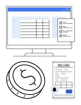 Efficient online billing process illustrated with computer setup, coin, che.. Stock Illustration