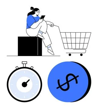 Efficient Online Shopping with Time and Cost Management Symbols Stock Illustration