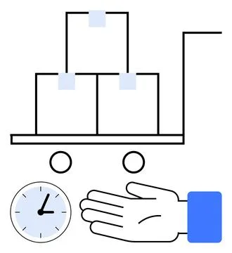 Efficient Package Delivery Concept with Hand, Clock, and Rolling Cart Element Illustrazione stock