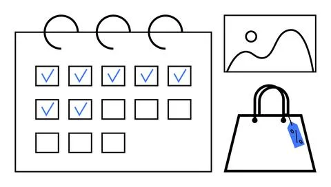 Efficient Planning Calendar with Check Marks, Scenic Picture, and Shopping .. Illustrazione stock