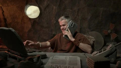 Efficient prehistoric businessman typing and having a phone call Stock Footage 333045920