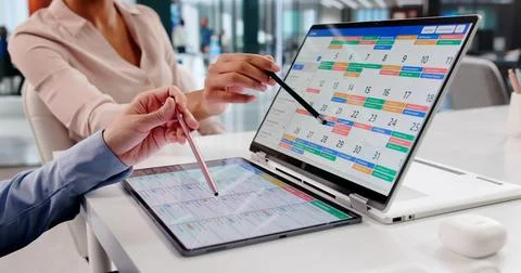 Efficient Project Management Coordinator Uses Scrum For Scheduling On Laptop. Stock Photos