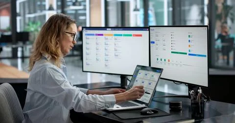 Efficient Remote Payroll Management For A Woman Using A Laptop. 스톡 사진
