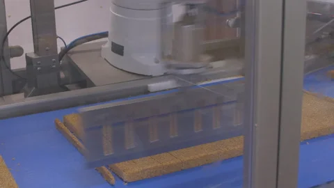 An efficient robotic slicer cuts cakes slices to the correct size. Stock Footage 132166152