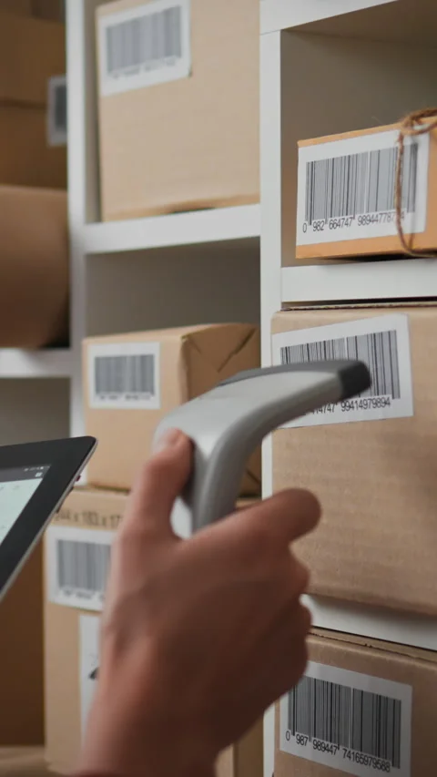 Efficient scanning process in a warehouse for inventory management and organ Stock Footage 331569261