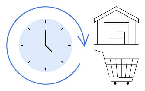 Efficient Shopping Concept with Clock, Warehouse, and Shopping Cart Symbols Stock Illustration