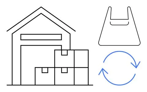 Efficient Storage and Recycling Warehouse with Boxes, Shopping Bag, and Cir.. Stock Illustration