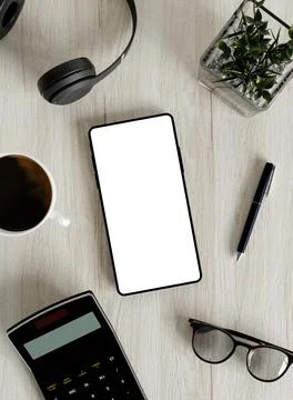 Efficient Tech Workspace Flat Lay with Smartphone and Calculator 3D Render Stock Illustration