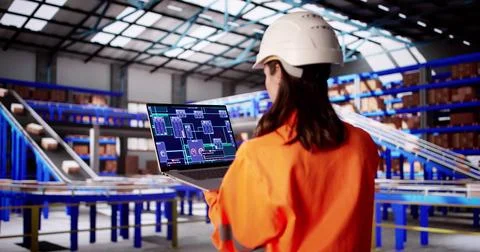 Efficient Technologist Ensuring Inventory Safety At Automated Warehouse Inspe Stock Photos