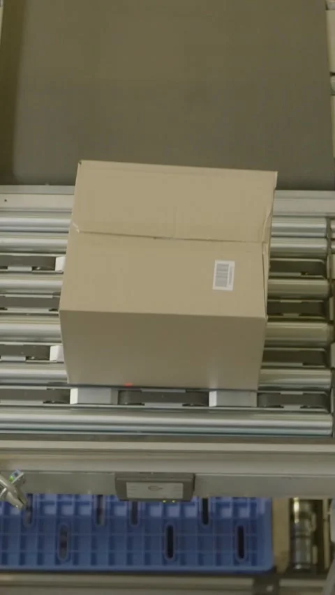 Efficient Warehouse Box Conveyor Process in Industrial Setting Stock Footage 320149425