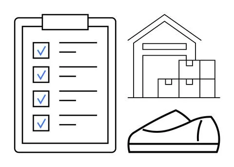 Efficient Warehouse Operations Depicted with Checklist, Storage Building, a.. Stock Illustration