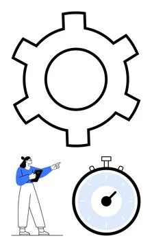 Efficient Workflow Concept with Gear, Stopwatch, and Person Holding Clipboard イラスト素材