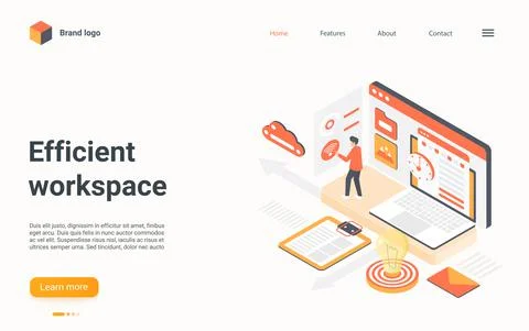 Efficient workplace management isometric landing page, 3d workspace business Stock Illustration