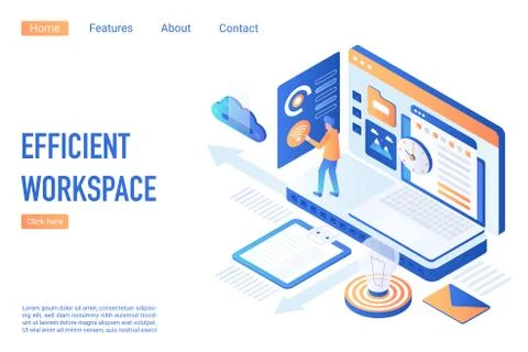 Efficient workspace landing page isometric vector template イラスト素材