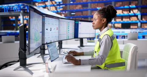 Efficient Young Woman Using Delivery Routing Software In Warehouse Center. Stock Photos