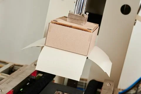 Efficiently wrapping rectangular boxes with a semi-automatic machine for Stock Photos