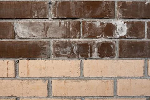 Efflorescences on brickwork, plaque on wall and bricks. Close-up of an old brick 写真素材