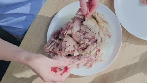 Effortlessly Shredding Cooked Chicken to Create Delicious and Flavorful Meals Stock-Footage 326633557