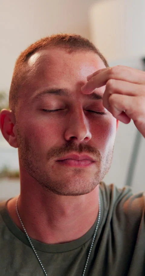 EFT tapping, calm and man with face therapy for holistic healing, chakra and Stock Footage 290482949