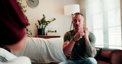 EFT tapping, therapy and man on sofa at session for healing, holistic or st.. Stock Photos