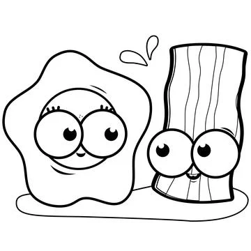 Egg and bacon characters. Vector black and white coloring page. Stock Illustration