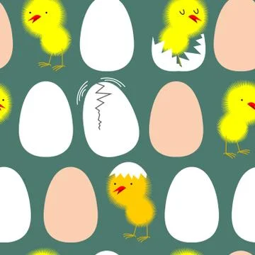 Egg and chicken. Chicks in their shells. Vector seamless pattern for baby tis Illustrazione stock