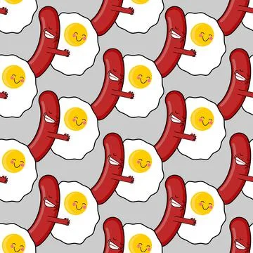 Egg and sausage love pattern seamless. Fried egg and bacon background. brea.. イラスト素材