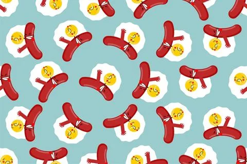 Egg and sausage love pattern seamless. Fried egg and bacon background. brea.. Stock Illustration