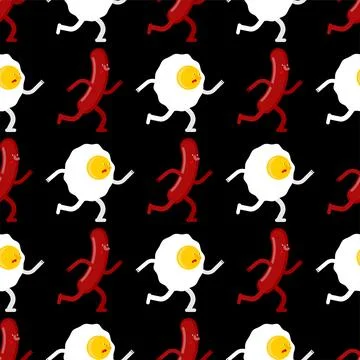 Egg and sausage pattern seamless. Fried egg and bacon background. breakfast.. 库存插图