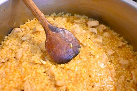 Egg barley stew with meat in a pot 스톡 사진
