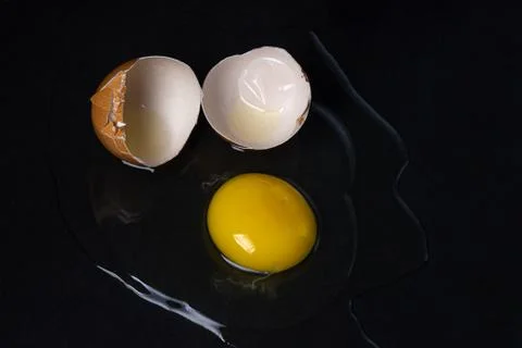 Egg on a black background. Broken chicken egg.  Stock Photos